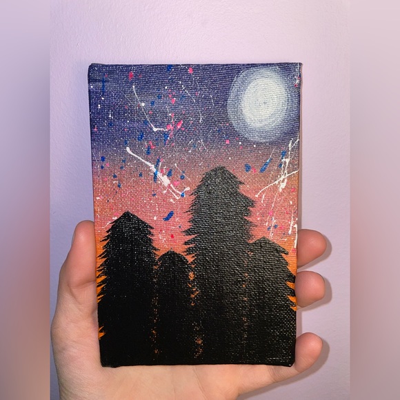 Hand Crafted Other - Sunset Forest Splatter Paint Painting | Hand Crafted